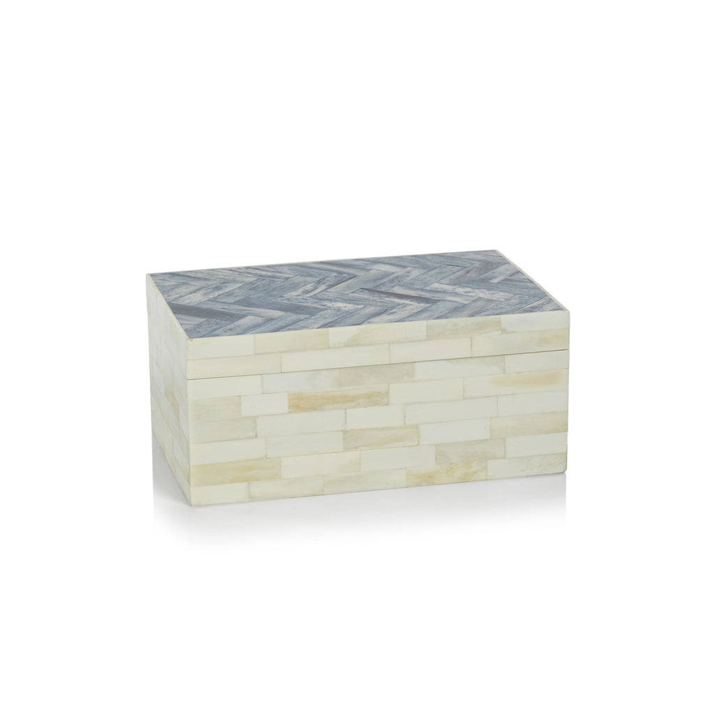 White Bone Storage Box with Blue Herringbone Pattern - Image 3